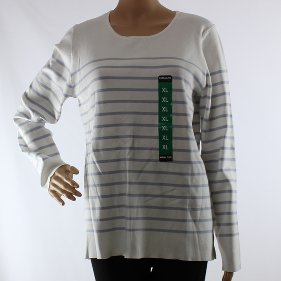 Kirkland | Ladies Gray & Cream Crewneck Long Sleeve Sweater Striped Top - Picture 6 of 6